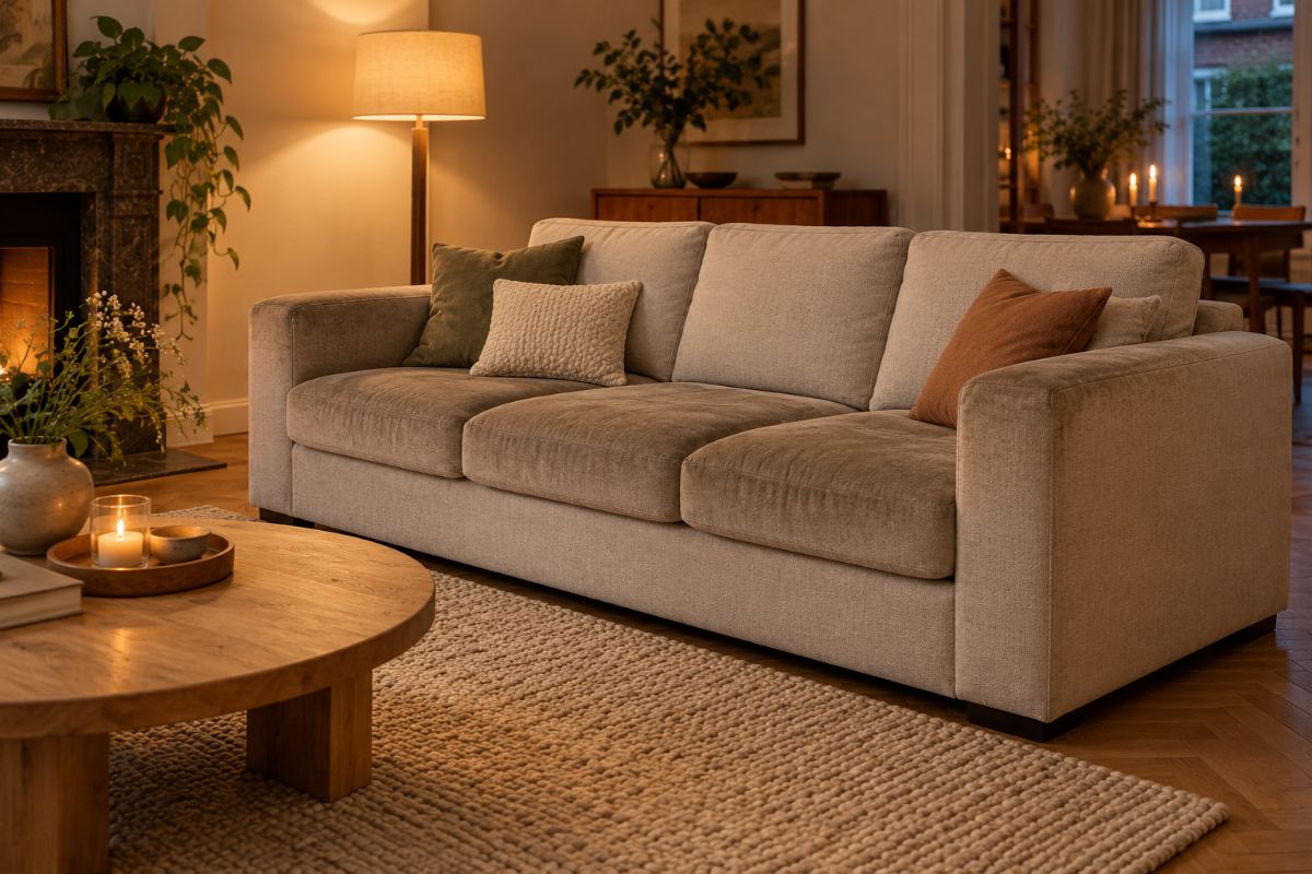 Beige stoffen driezit in een gezellige living met parketvloer, groot tapijt en staande lamp; de zitkussens zijn doffer en donkerder dan de rugleuning