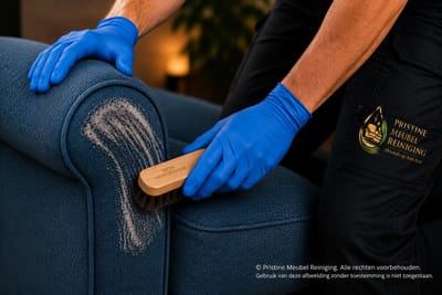 Vlekbehandeling op een blauwe zetel