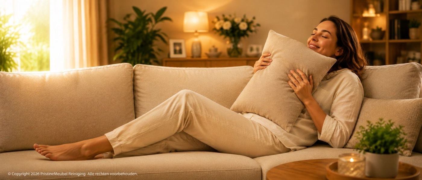 Vrouw ontspant op een propere lichte zetel