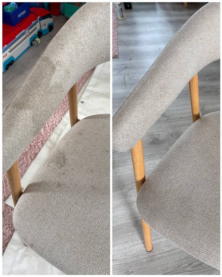 Beige eetkamerstoel met vlekken op rugleuning en zitting, voor en na reiniging