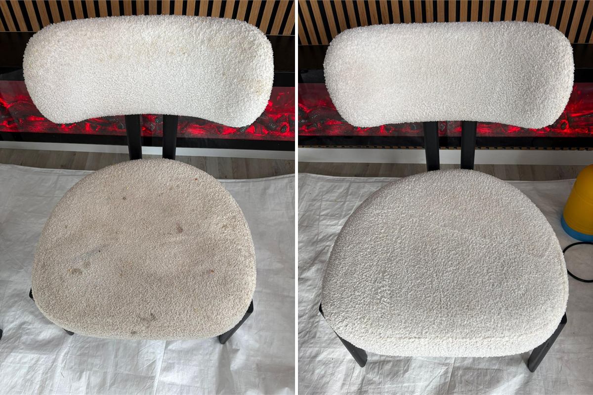 Witte bouclé eetkamerstoel met vlekken op de zitting, voor en na reiniging